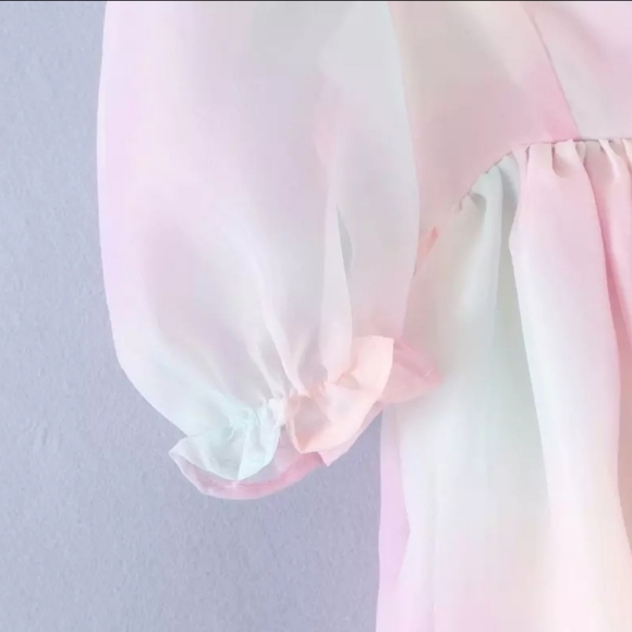 Babydoll Rainbow Tie Dye Puff Sleeve Mini Dress - Picture 5 of 14